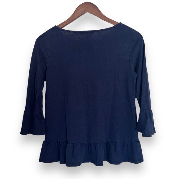 Boden 100% Linen Ruffle Peplum Top Women’s Size S 3/4 Bell Sleeves Navy Blue - Picture 7 of 7